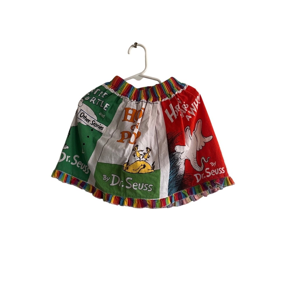 Dr Seuss Kids Patchwork Book Cover Skirt Rainbow Elastic Waist Ruffle Hem Multi